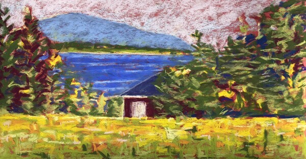 meadow with ocean and mountain in background and part of a small cottage