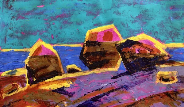 Three stylized boulders in bright colors with magenta underpainting